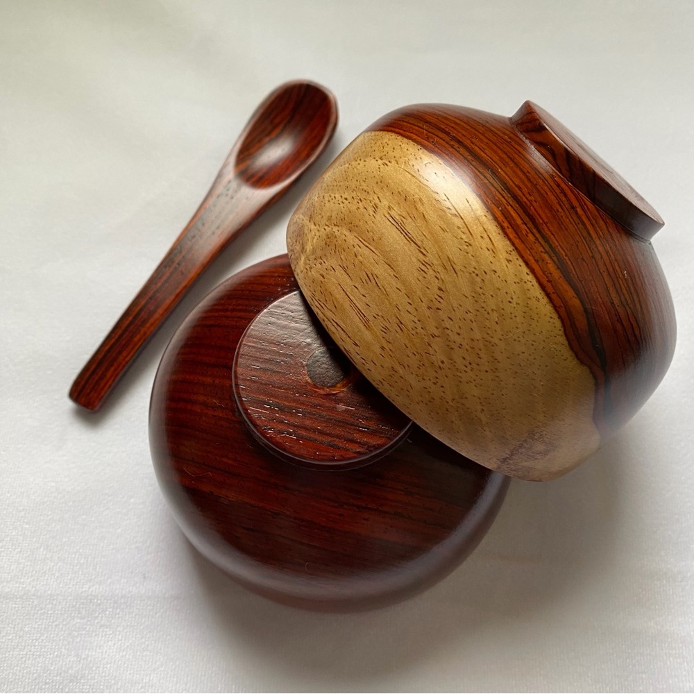 Vintage Wooden Double Bowl Set with Spoon - Rich Brown and Natural Wood Trim - Picture 3 of 12